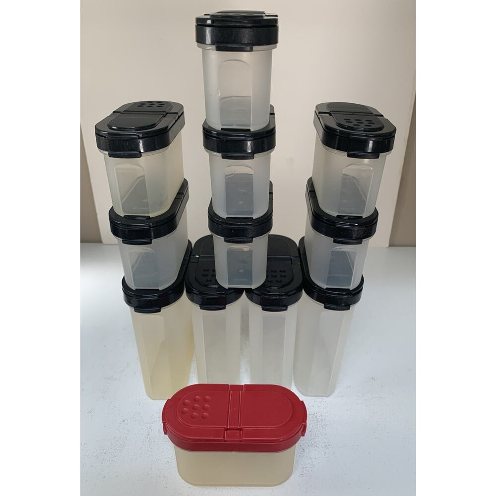 12 Vintage Tupperware Modular Mates Spice Containers Black & Sheer #1843